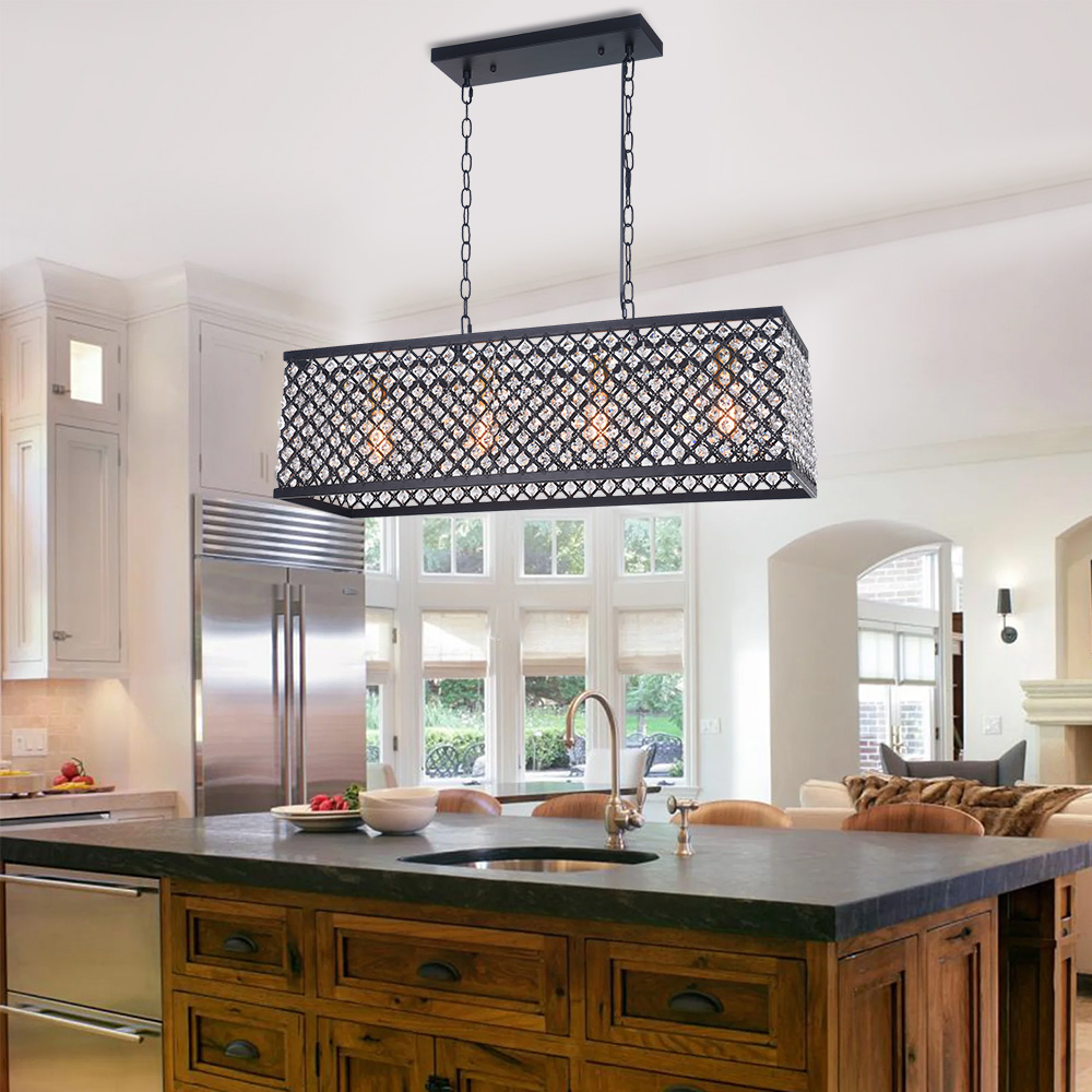 Mid Century Modern 4 Light Linear Crystal Chandelier Rectangular Metal Cage Chandelier with Crystal Beads for Kitchen Dining Room Lighting