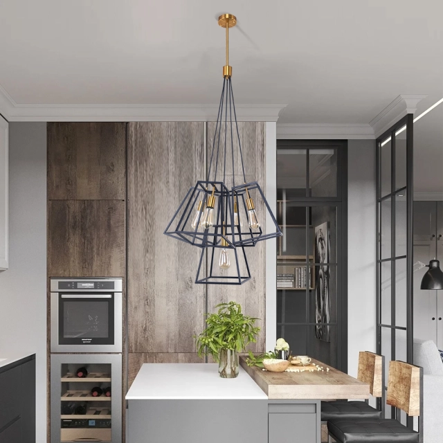 Modern Industrial 5-Light Cluster Pendant Light with Metal Cage in Matte Black for Kitchen Island/Bar/Dining Table Lighting