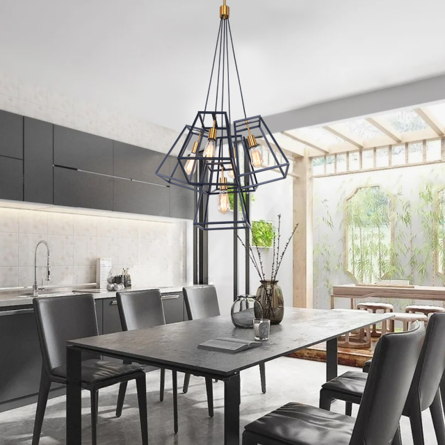 Modern Industrial 5-Light Cluster Pendant Light with Metal Cage in Matte Black for Kitchen Island/Bar/Dining Table Lighting