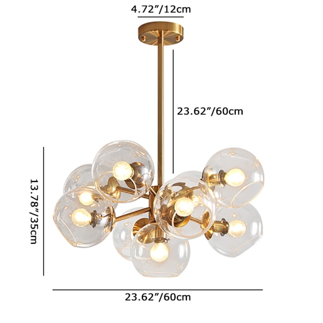 Mid Century Modern 9-Light Bubble Chandelier with Clear Globe Glass in Gold Finish for Kitchen Island Bedroom