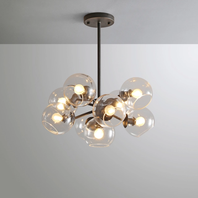 Mid Century Modern 9-Light Bubble Chandelier with Clear Globe Glass in Gold Finish for Kitchen Island Bedroom