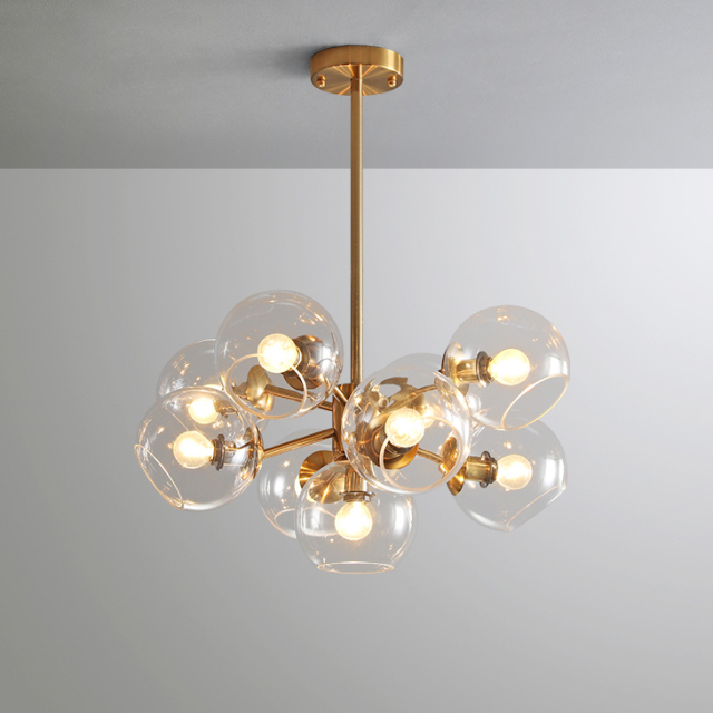 Mid Century Modern 9-Light Bubble Chandelier with Clear Globe Glass in Gold Finish for Kitchen Island Bedroom