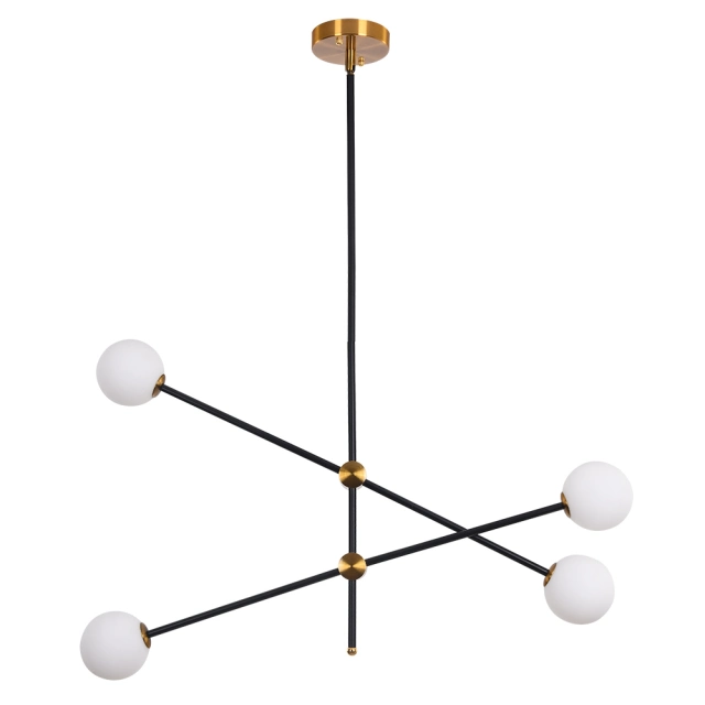 Mid Century Modern Sputnik Chandelier in Black/Brass with Hand-blown Glass