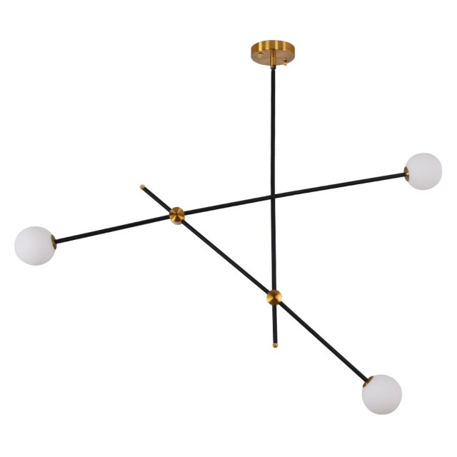 Mid Century Modern Sputnik Chandelier in Black/Brass with Hand-blown Glass