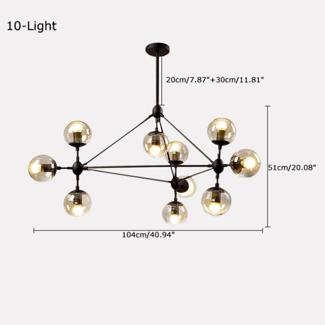 Modern Design Modo Chandelier in Black with Mouth Transparent Glass, 4 Sides 15 Globes for Bedroom Living Room