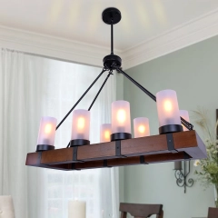 8-Light Wooden Rectangle Modern Chandelier Lighting