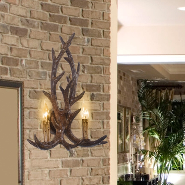 Contemporary Style Brown Antler Shape 2-Light Candle Wall Sconce for Bedroom/Reading Room