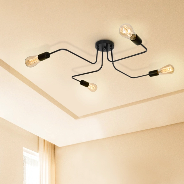 Modern Mid Century 4 Light Semi Flush Ceiling Lights in Black for Bedroom/Living Room