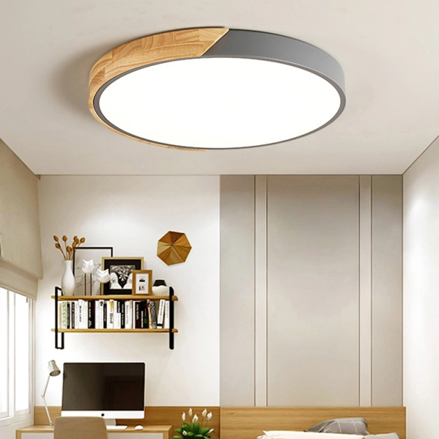 Dimmable Modern Minimalist LED Round Shaped Wood &amp; Metal &amp; Acrylic Flush Mount Ceiling Light