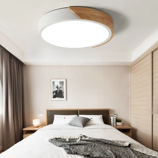 Dimmable Modern Minimalist LED Round Shaped Wood &amp; Metal &amp; Acrylic Flush Mount Ceiling Light