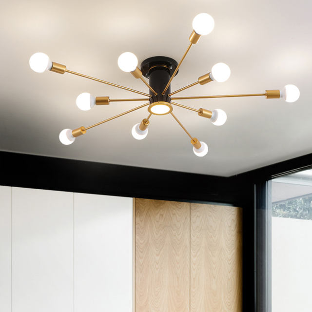 Mid Century Modern 10 Light Ceiling Light in Black/Gold,SHIP FROM USA