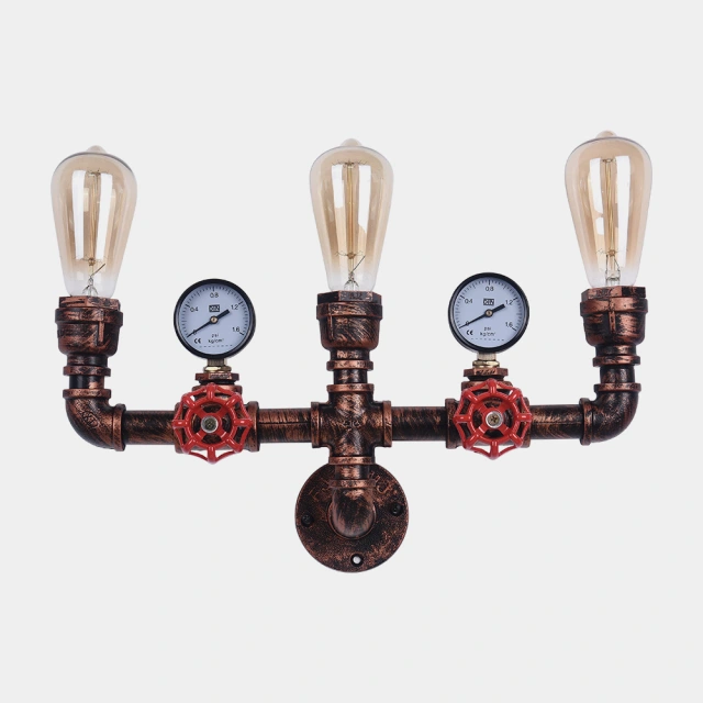 Mid-Century Rustic Three-Lights Pipe Wall Sconce in Rusty Red For Living Room/Restaurant/Entryway