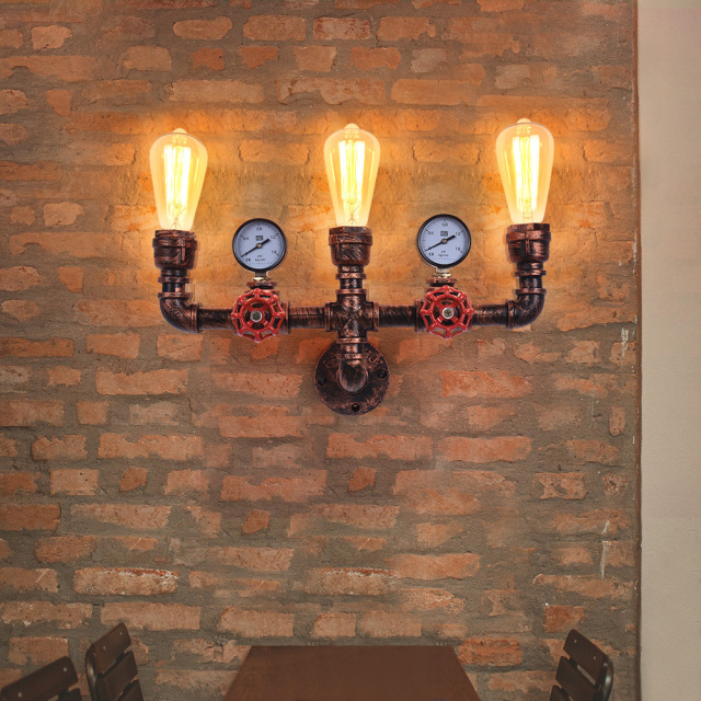 Mid-Century Rustic Three-Lights Pipe Wall Sconce in Rusty Red For Living Room/Restaurant/Entryway