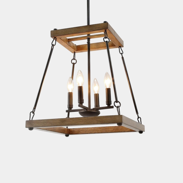 Mid-Century Modern 4 Lights Square Wood Chandelier for Kitchen Hallway