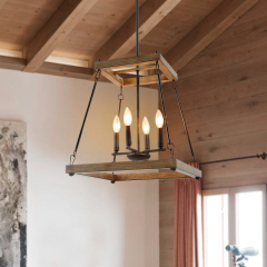 Mid-Century Modern 4 Lights Square Wood Chandelier for Kitchen Hallway