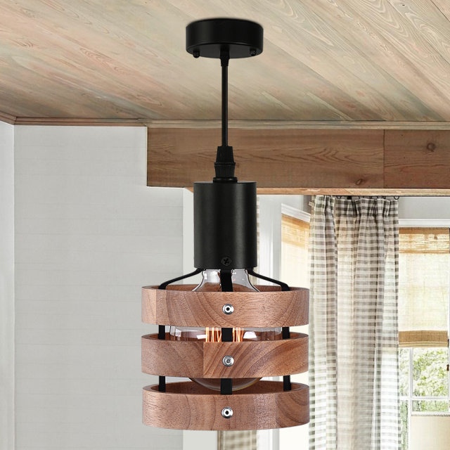 Modern Farmhouse One Light Drum Kitchen Island Pendants with Wood Accents
