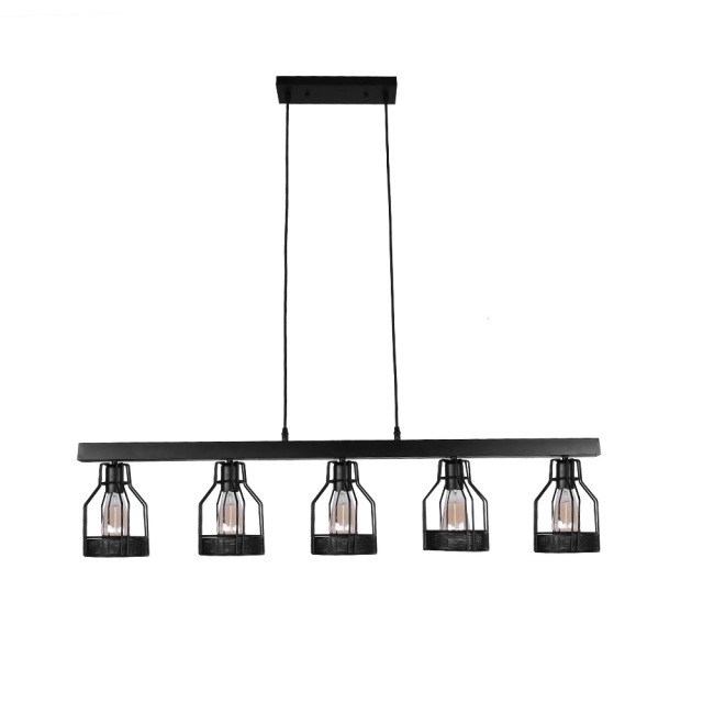 Farmhouse Vintage 5-Lights Mason Jar Linear Chandelier with Cage Shade for Kitchen Island Dining Room