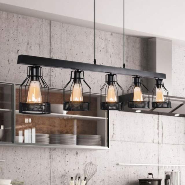 Farmhouse Vintage 5-Lights Mason Jar Linear Chandelier with Cage Shade for  Kitchen Island Dining Room