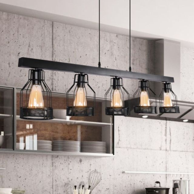 Farmhouse Vintage 5-Lights Mason Jar Linear Chandelier with Cage Shade for Kitchen Island Dining Room