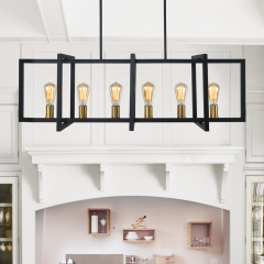 Modern Linear 6 Light Rectangle Chandelier in Black and Brass for Kitchen Island Lighting Sloped Ceiling Compatible