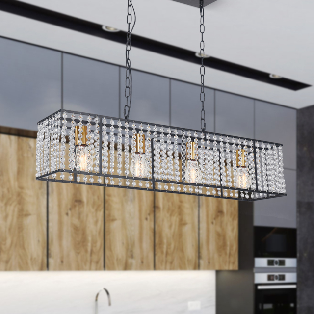 Mid Century Modern Rectangle Crystals 4-Light Kitchen Island Chandelier in Black and Gold