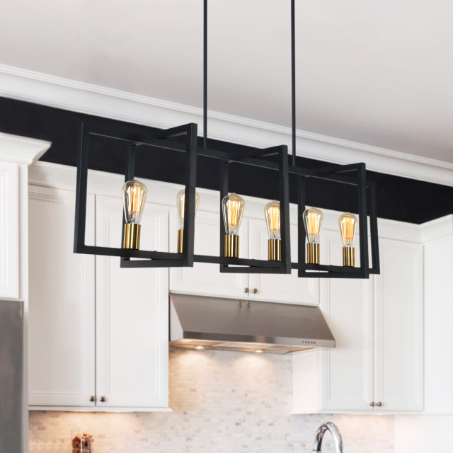 Modern Linear 6 Light Rectangle Chandelier in Black and Brass for Kitchen Island Lighting Sloped Ceiling Compatible