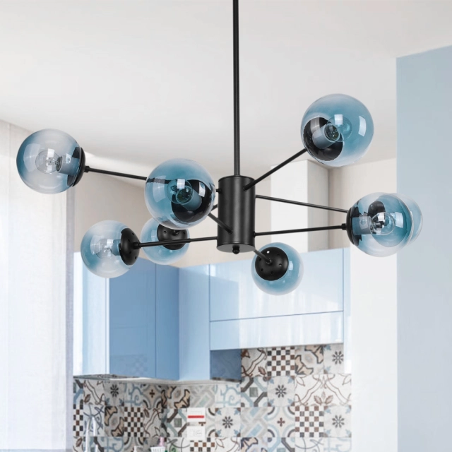 Modo 8 Light Branching Bubble Designer Modern Chandelier with Blue Glass Shade