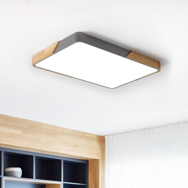 Modern Minimalist Dimmable LED Ceiling Light Rectangle Metal & Wood Frame for Living Room Bedroom