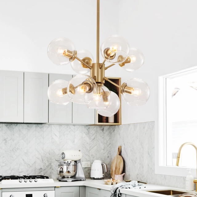 Mid Century Modern 9-Light Bubble Chandelier with Clear Globe Glass in Gold Finish for Kitchen Island Bedroom