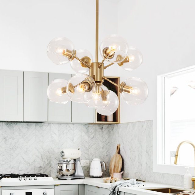 Mid Century Modern 9-Light Bubble Chandelier with Clear Globe Glass in Gold Finish for Kitchen Island Bedroom