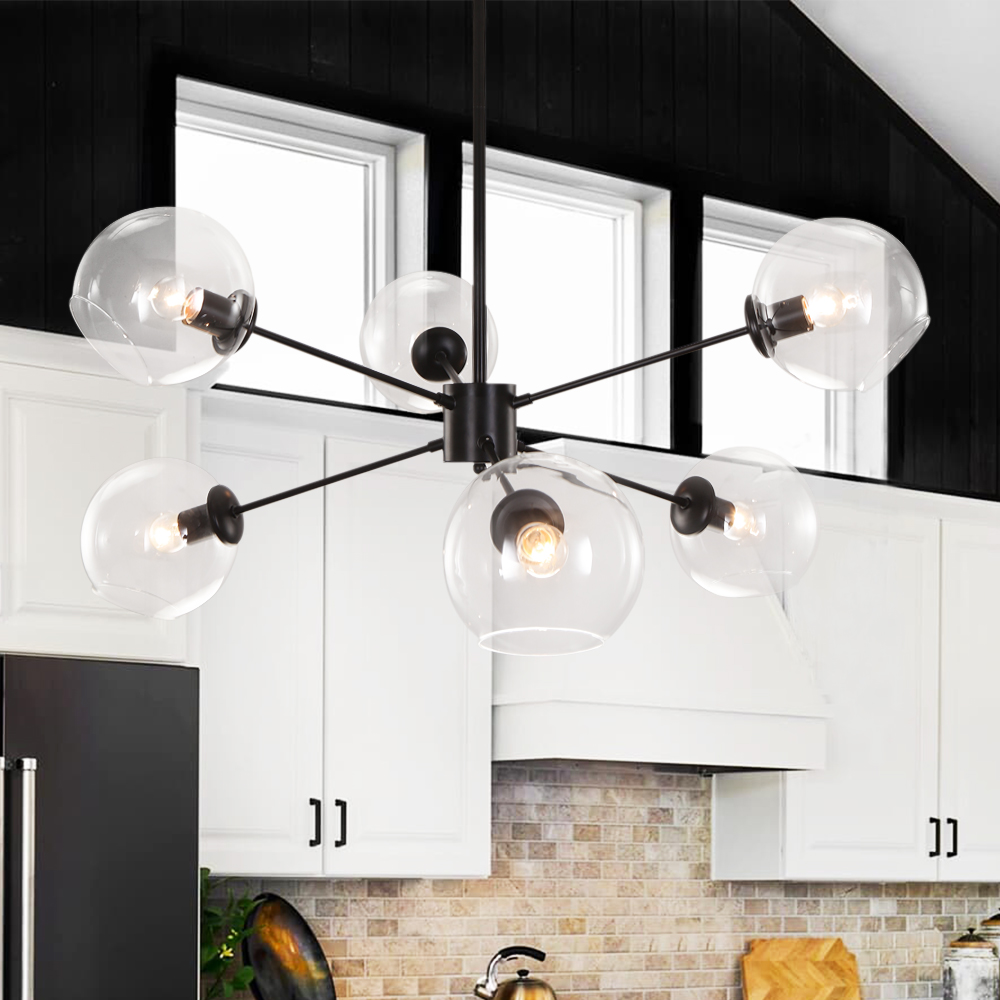 Modern Mid-Century 6 Lights Black Bubble Glass Chandelier for Living Room Dining Room Bedroom