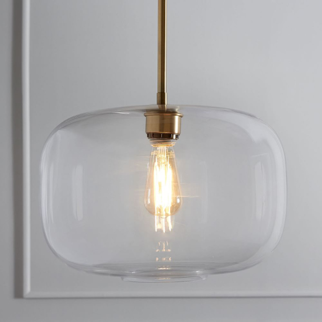 Mid Century Modern Single Glass Jar Pendant Light in Brass for Kitchen Island Dining Table and Bar Lighting