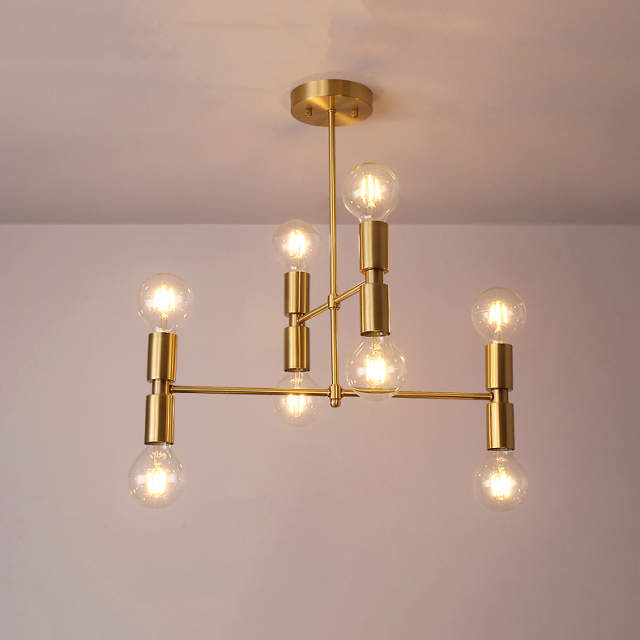 8 Light Iron Metal Modern Style Semi Flush Ceiling Light, Brass
