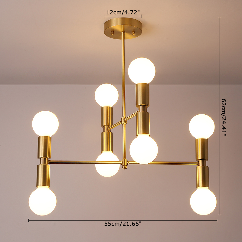 8 Light Iron Metal Modern Style Semi Flush Ceiling Light, Brass
