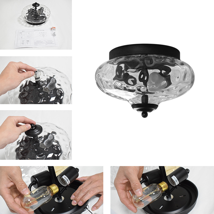 Modern Farmhouse 2-Light Flush Mount Ceiling Light with Hammer Glass Shade for Kitchen/ Hallway