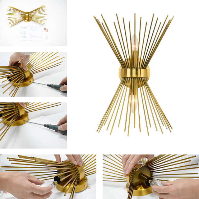 Mid Century Modern Brass 2-Light Sunburst Wall Sconce Up and Down Light for Bedroom Bathroom