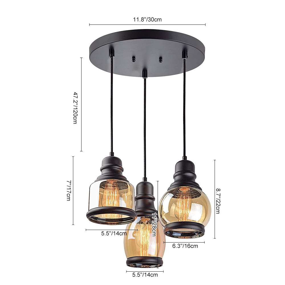 Vintage Industrial Black Three Lights Glass Pendant Lights for  Dining Room Living Room