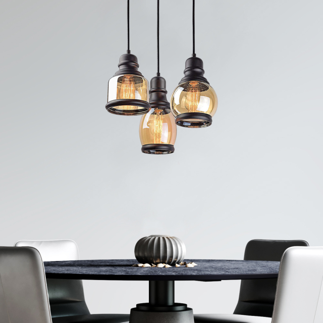 Vintage Industrial Black Three Lights Glass Pendant Lights for  Dining Room Living Room