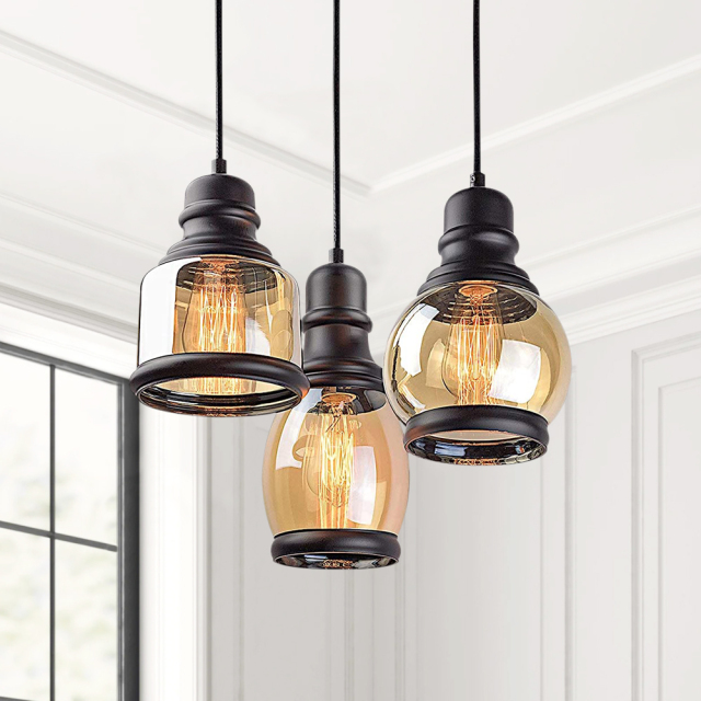 Vintage Industrial Black Three Lights Glass Pendant Lights for  Dining Room Living Room