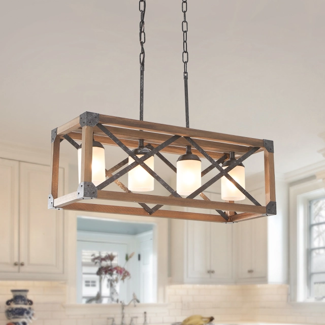 Modern Rustic 4 Lights Rectangle Farmhouse Chandelier for Kitchen Dining Room  Living Room