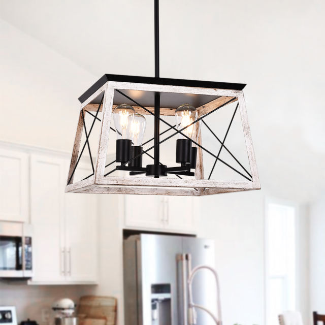 Rustic Farmhouse Four Lights Square Rectangular Chandelier for Hallway/Kitchen/Dining Room