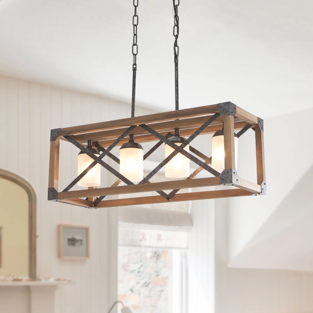 Modern Rustic 4 Lights Rectangle Farmhouse Chandelier for Kitchen Dining Room  Living Room