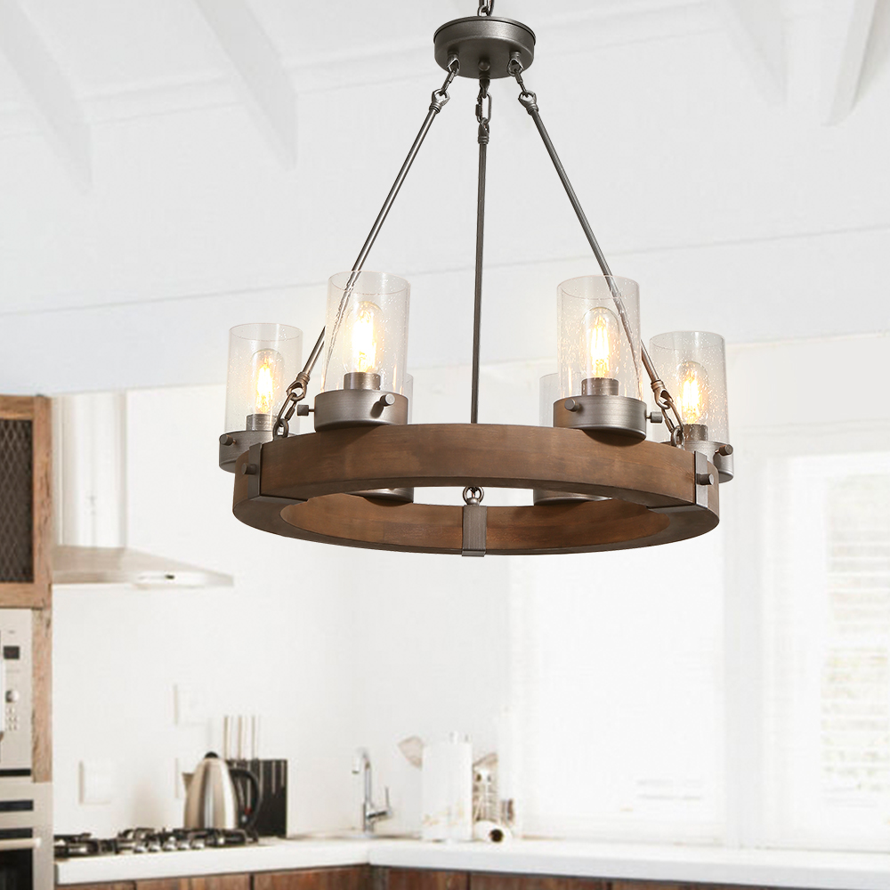 Mid-Century Modern 6 Lights Wagon Wheel Chandelier for Kitchen Table/ Island Entryway
