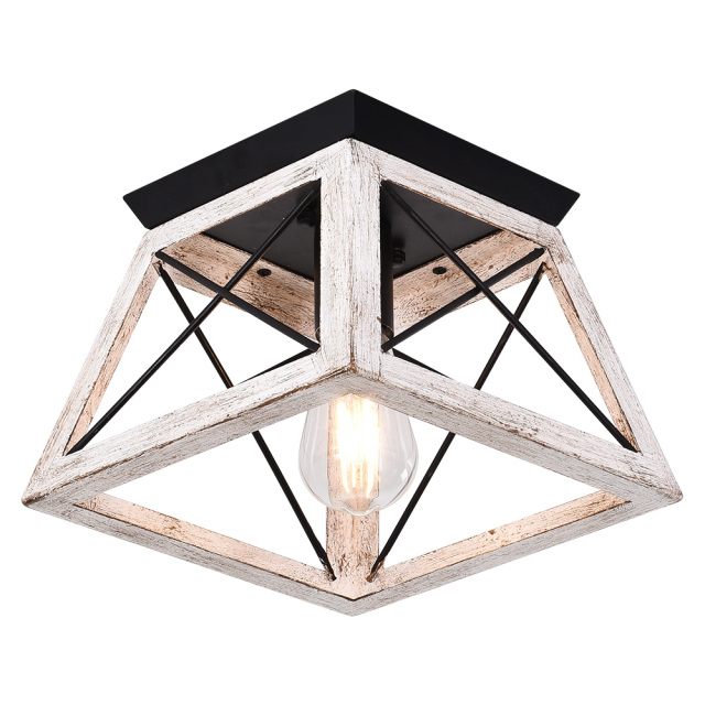 Rustic Country One-Light Wood-Like Caged Flush Mount Chandelier for Living Room Bedroom