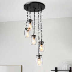 Mid-century Modern 5 Light Mason Jar Cylinder Kitchen Pendant Lighting for Kitchen Island Dining Room