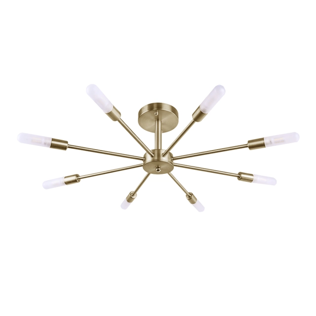 Dimmable 8 Light Frosted Glass Industrial Sputnik Semi Flush Mount Ceiling Lamp in Brass