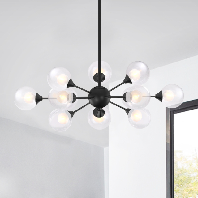 Mid-century Modern 12 light Sputnik Chandelier Contemporary Pendant Light in Black  for Living Room/Bedroom/Restaurant