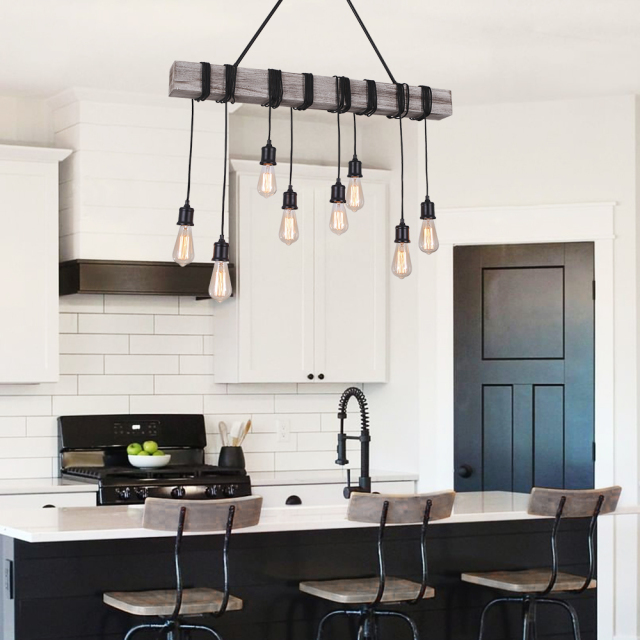 Farmhouse Rustic 8 Lights Kitchen Island Pendant Light with Wood Accents