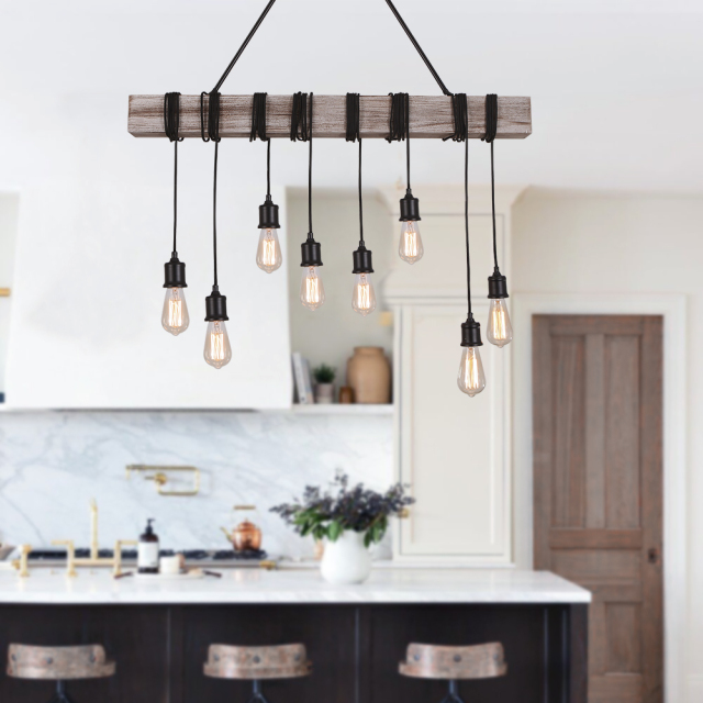 Farmhouse Rustic 8 Lights Kitchen Island Pendant Light with Wood Accents