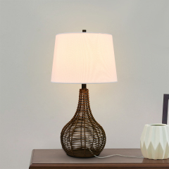 Natural 1-Light Handwoven Rattan Table Lamp Contemporary Minimalist White Drum Shade Table Light